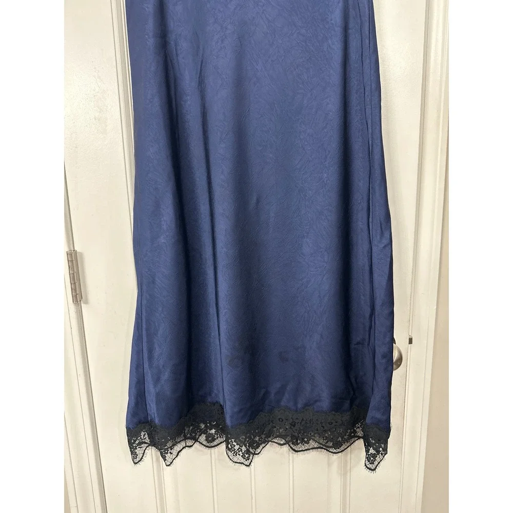 A New Day Navy Blue Jacquard Floral Midi Skirt Black Lace Trim Small
